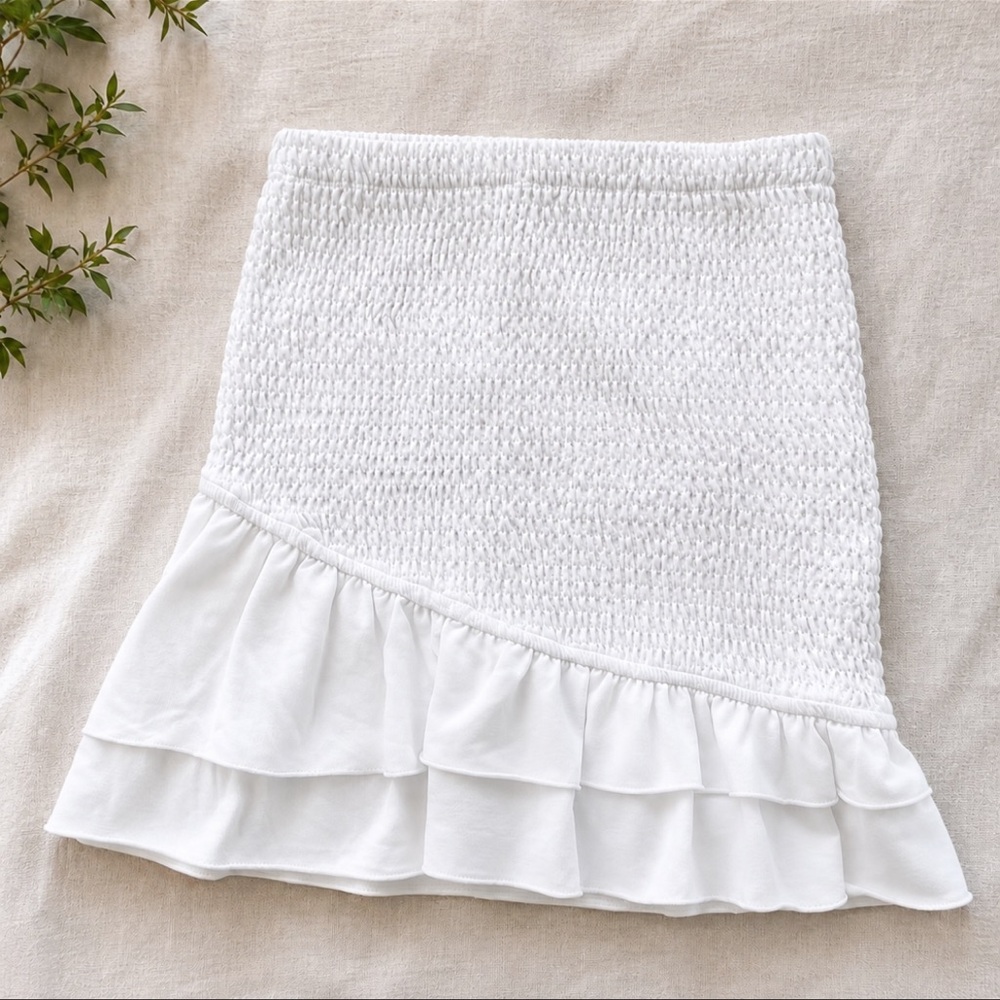 White Smocked Ruffle Mini Skirt | Tiered Hem | Cottagecore Boho